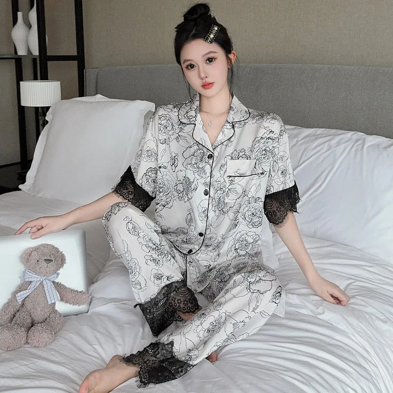 Ice Silk Pajamas for Women in Spring and Summer, New Lace Trim Sweet Flowers High-end Short Sleeved Home Clothes Fashion Pajamas