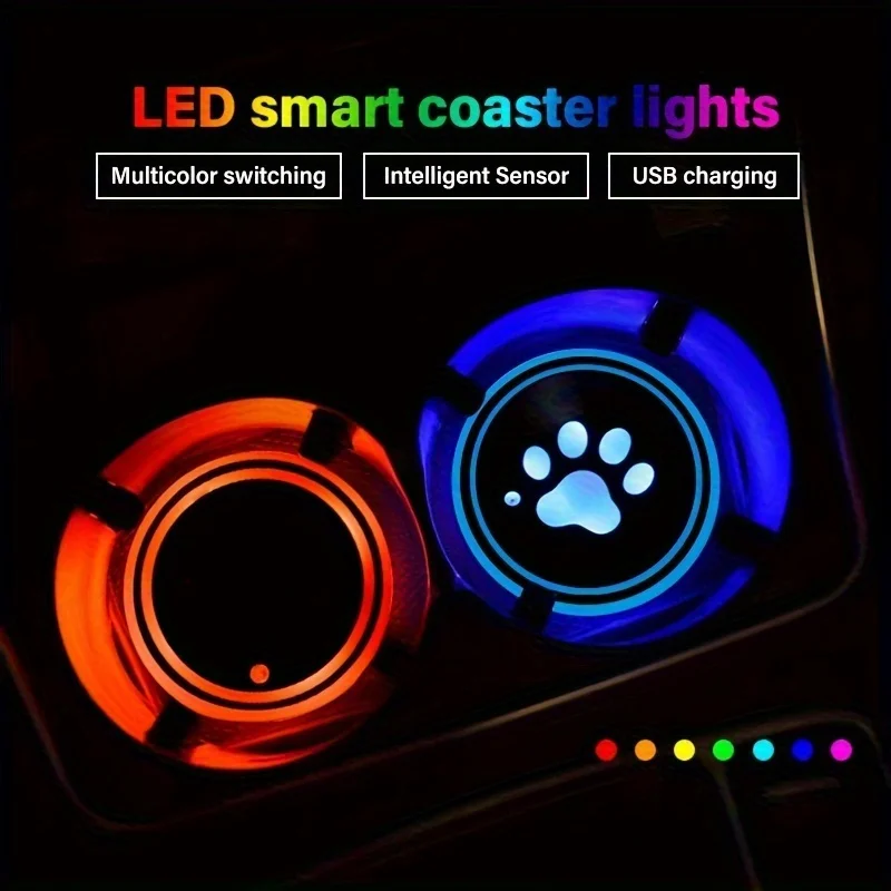 2 Stück 7-Farben USB-Lade-LED-Beleuchtung für Auto-Getränkehalter, Thermosbecher-Untersetzer mit Lichtern, Getränkeuntersetzer, Wasseruntersetzer, Auto-Wasseruntersetzer