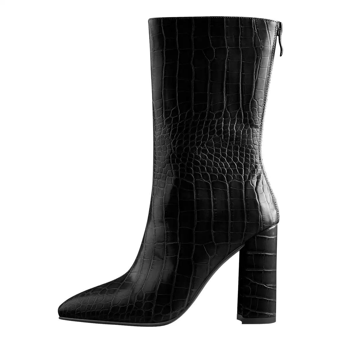 

New Sexy Alligator Pattern Medium Boots Pointed Head Square Heel Heightened Knight Boots Slim Large Size Women's Boots 35&46