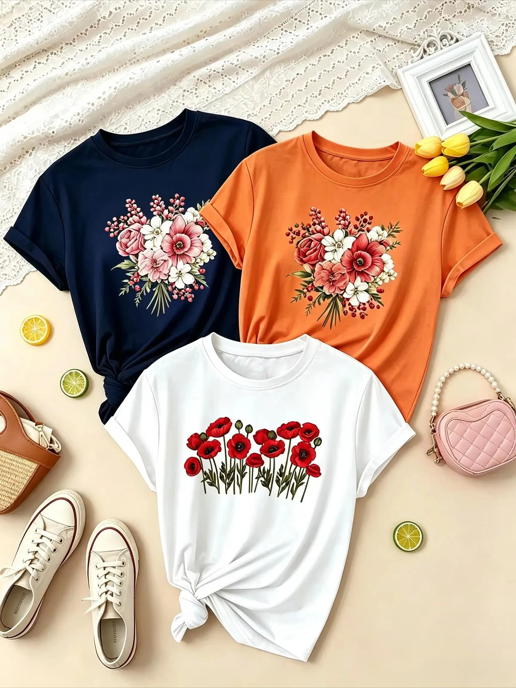 2026 Women Coquette Aesthetic 3-Pack Summer T-Shirt Multipack, Rose & Red Poppy Flower Floral Graphic Print Tees, Crew Neck Short Sleeve Casual Tops For Daily Outfit