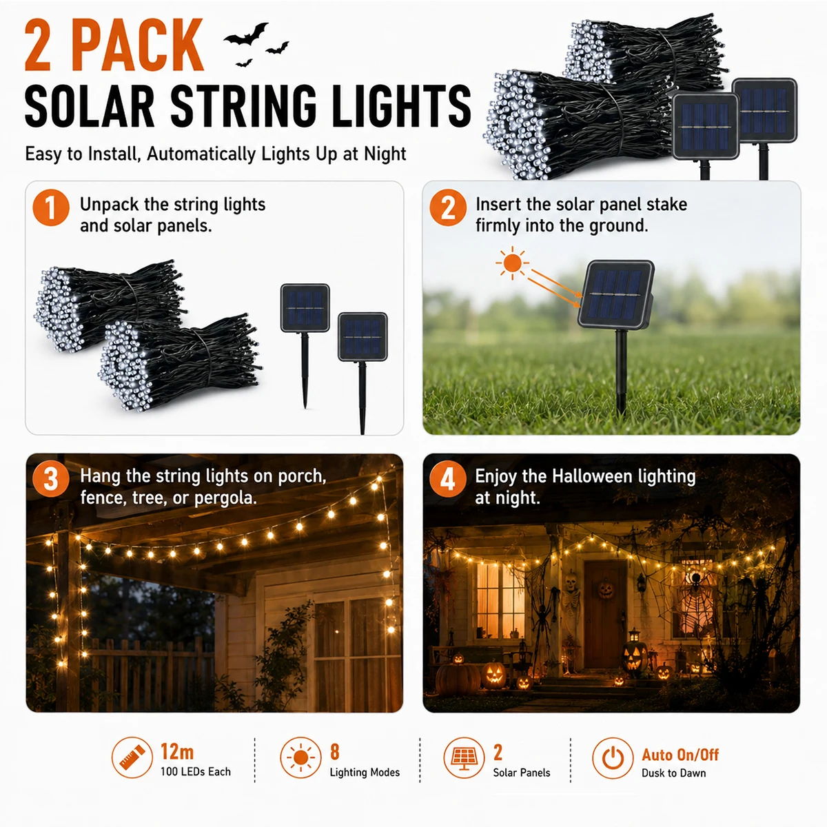 2 Pack Halloween Solar LED String Lights, 12m/100LED Each Outdoor Fairy Lights With 8 Modes, Warm White White Multicolor Blue Options For Garden Yard Porch Patio Tree Fence Halloween Party Decor