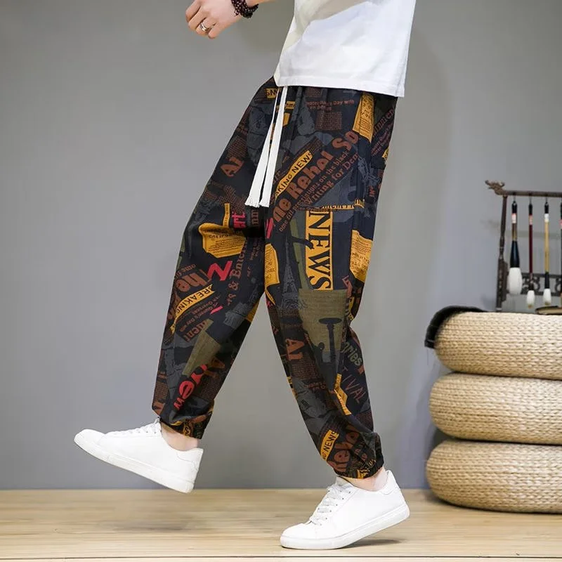 Summer Thin Floral Harem Pants Chinese Style Breathable Casual Muse Pants Men's Chic Fat Crotch Large Leg Baggy Bloomers Holiday