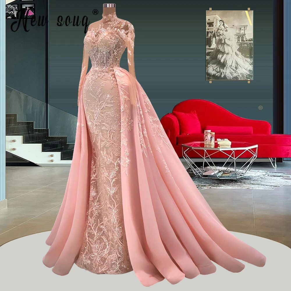 Blush Pink Lace 2025 Prom Dress Arabic Women Bride Gowns Customized Mermaid Detachable Train Evening Night Dresses De Soiree