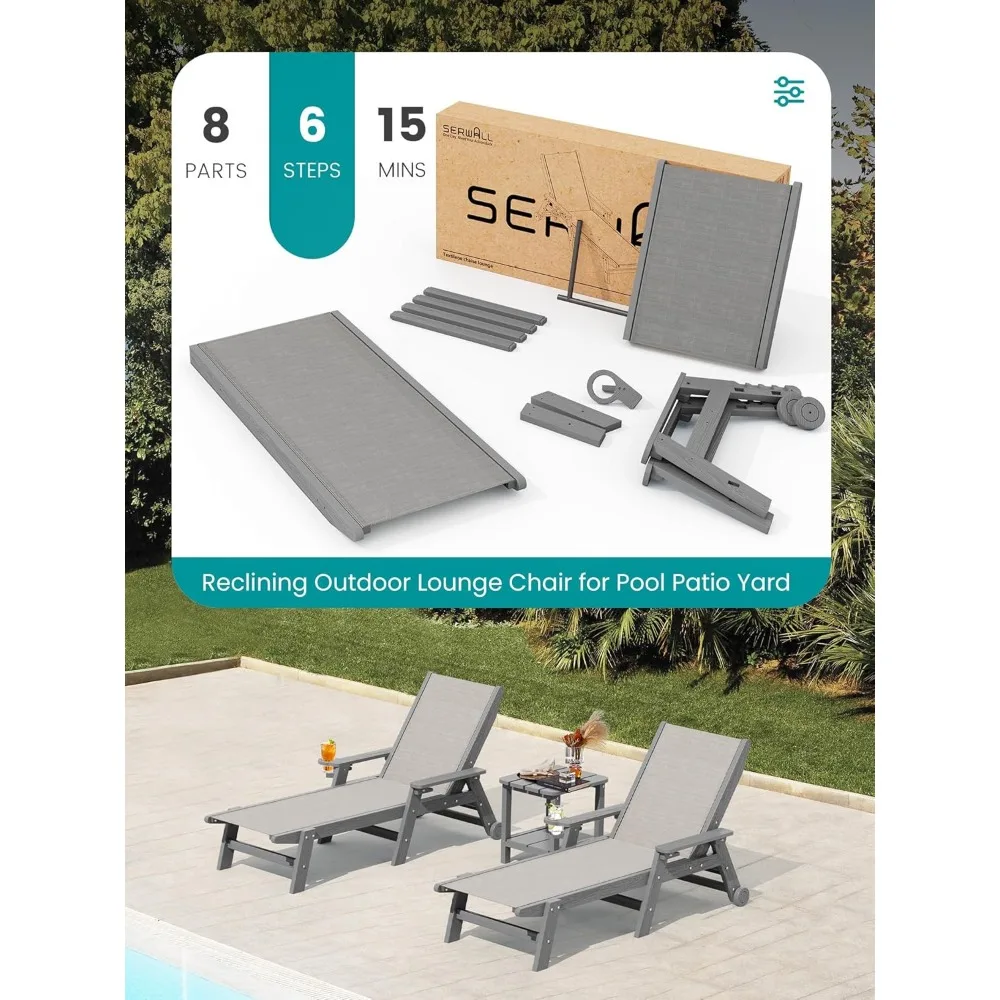 Patio Chaise Lounge Chair Set of 2, 5 Positions Outdoor Lounger for Pool, Textilene Lounge Chair with Rolling Wheels for Poolsi