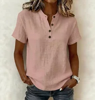 Women Casual Short Sleeve Linen Blend Top Henley Neck Button Front Relaxed Fit Blouse Summer - Image 3