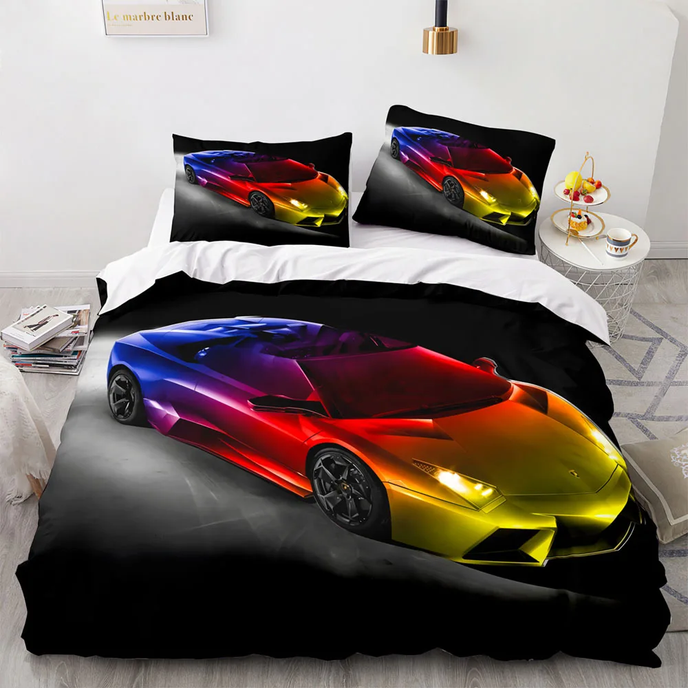 Sports Car King Queen Duvet Cover Cool Colorful Supercar Pattern Bedding Set for Men Adult Race Car 2/3pcs Polyester Quilt Cover