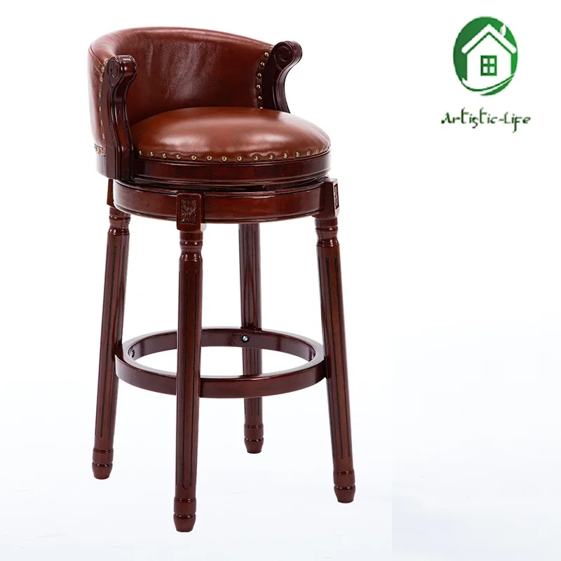 

ArtisticLife European-style Solid Wood Bar Chair Home American-style Backrest High Stool Retro Leather Swivel Bar Chair