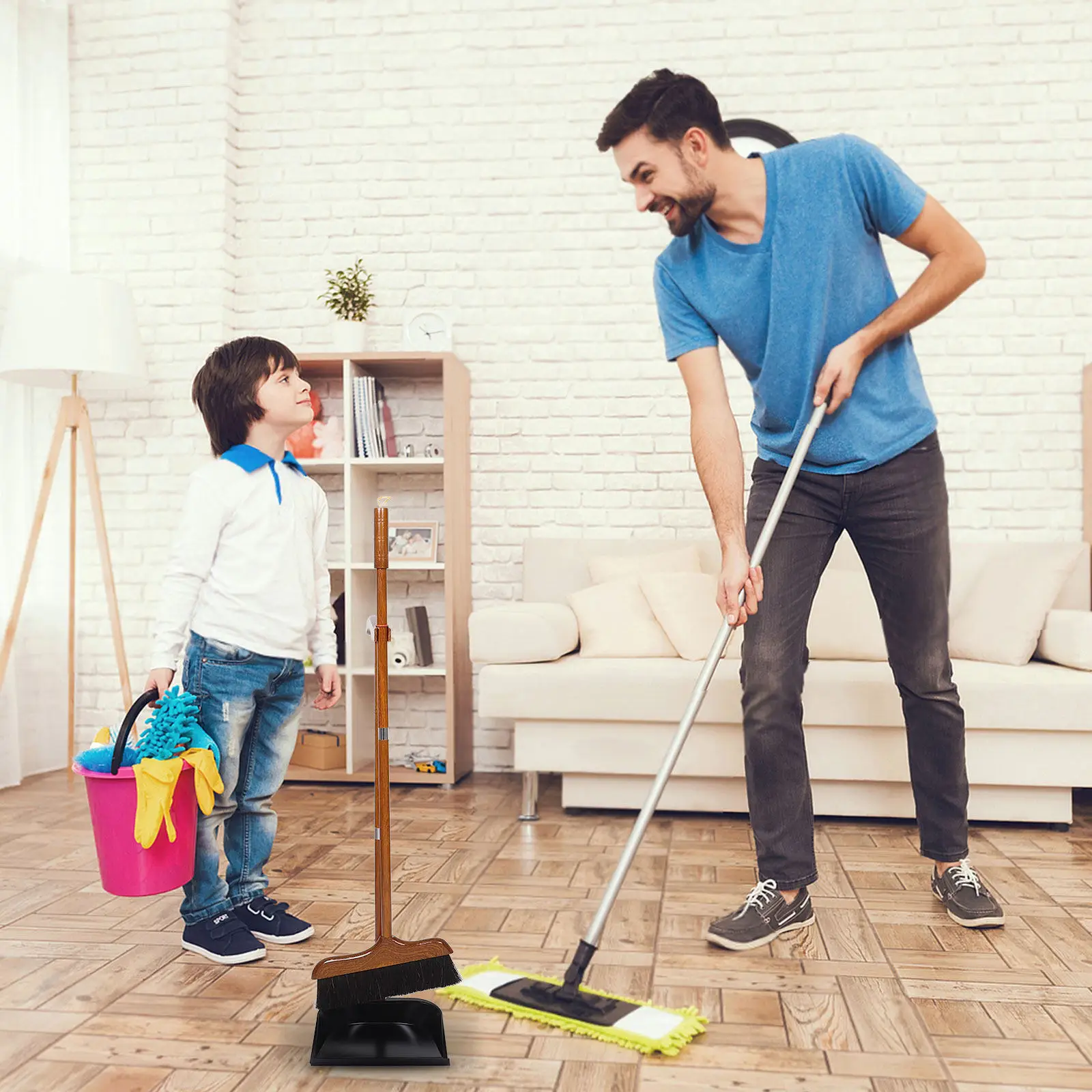 

Long Handle Broom and Dustpan Set Redwood Horsehair Floor Cleaner for Home Kitchen Hair Removal Standing Brush