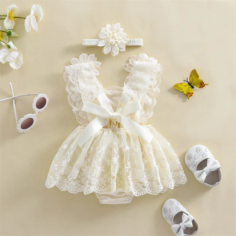 Baby Girl Summer Outfit Flower Embroidery Tie-Up Mesh Romper Dress Bow Headband 2 Piece Set