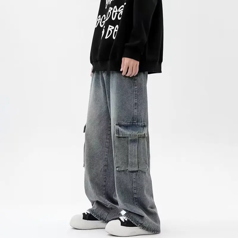

American High Street Workwear Jeans Men's Straight Loose Wide Leg Pants Autumn Cleanfit Trousers Floor-Length Casual Jeans