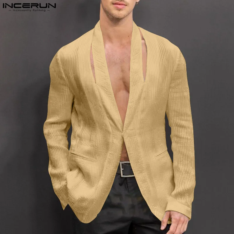 INCEURN 2024  Men Casual Long Sleeve Blazer Commuting Handsome Turn Down Collar Suits Hollow Out Sexy Button Open Up Jackets