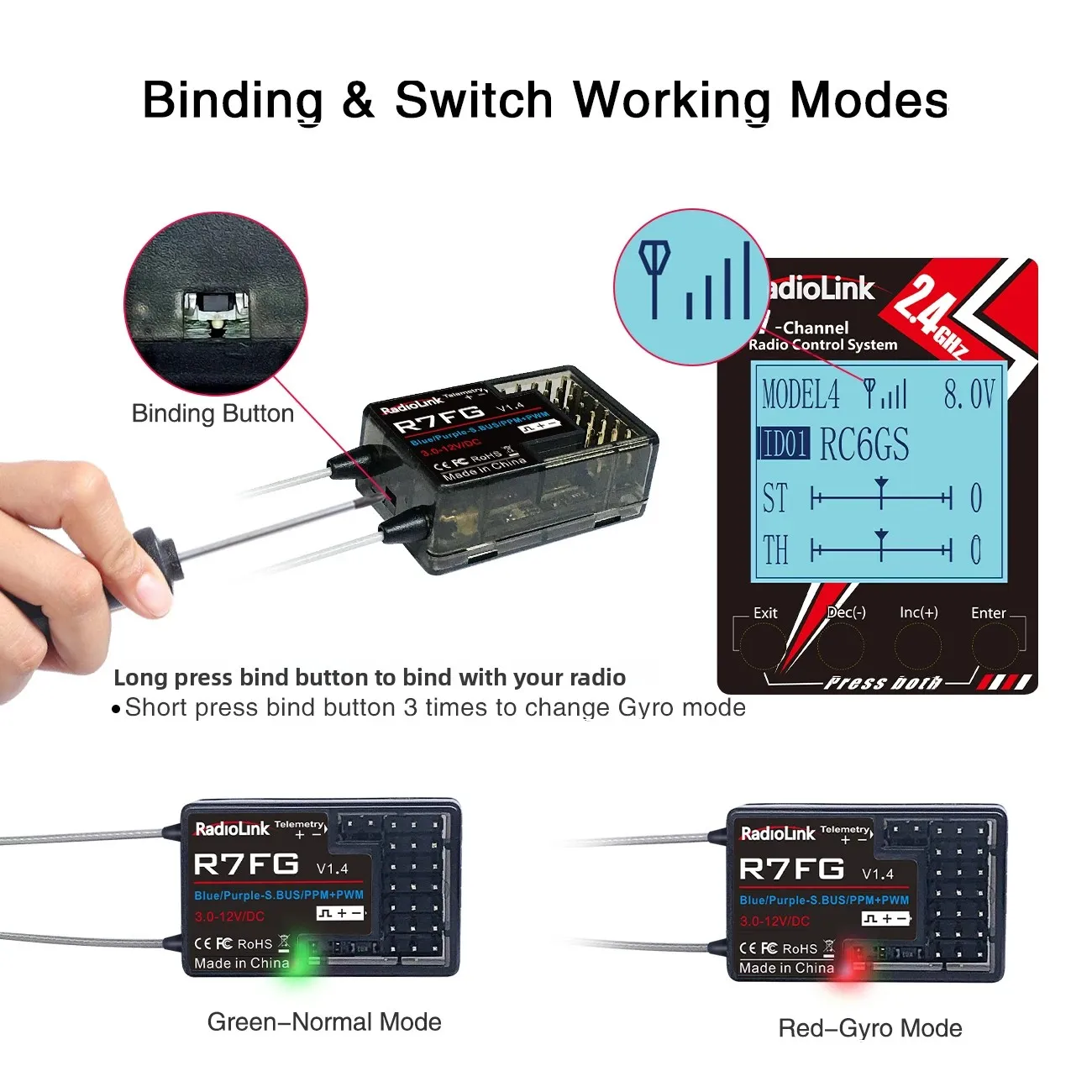 Radiolink R7FG 7 Channle 2.4G Gyro RC Receiver Car Voltage Transmission Telemetry 600m Long Range RX for Crawler Drifting Car