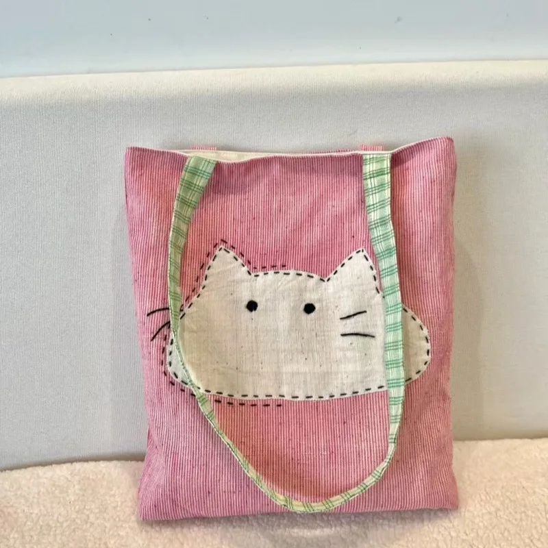 2025 New Japanese Shoulder Bag Versatile Simple Canvas Women's Bag Cute Cartoon Cat Literary Commuter Bag