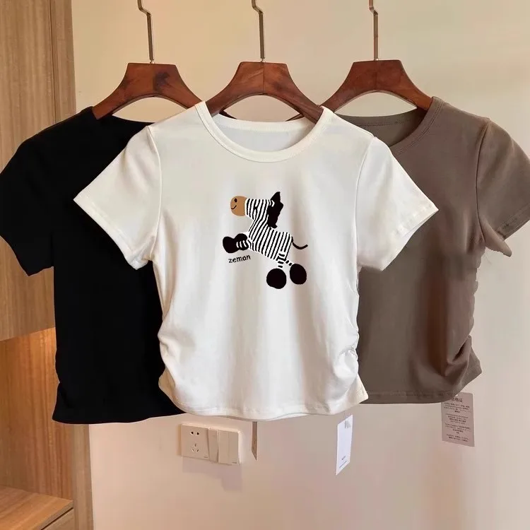 

Shoulder short sleeved t-shirt for women's summer design, unique and niche top, super beautiful short shirt