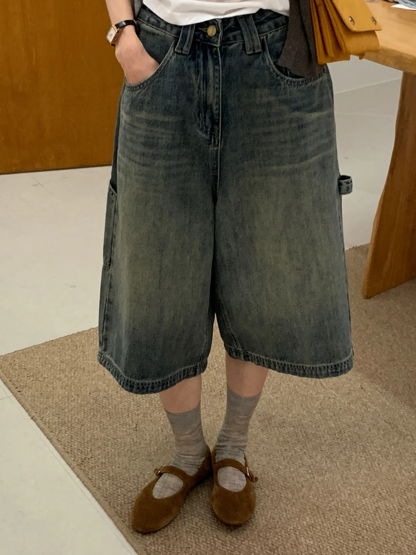 

Джинсы с высокой талией и широкими штанинами для женщин, весенняя новинка, синие джинсы-капри в стиле ретро, джинсы для фигуры типа «груша» для невысоких женщин