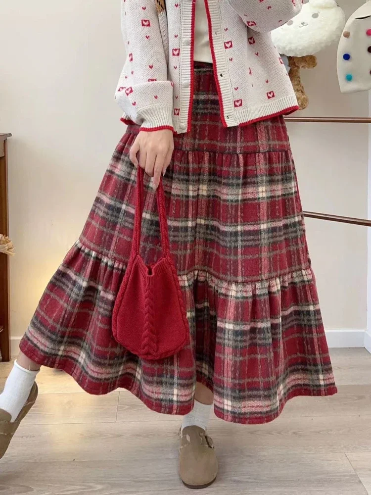 Woolen Skirts Women Red Plaid Vintage Female Loose Elastic Waist Ankle-length Autumn Winter All-match  Chic Classical New