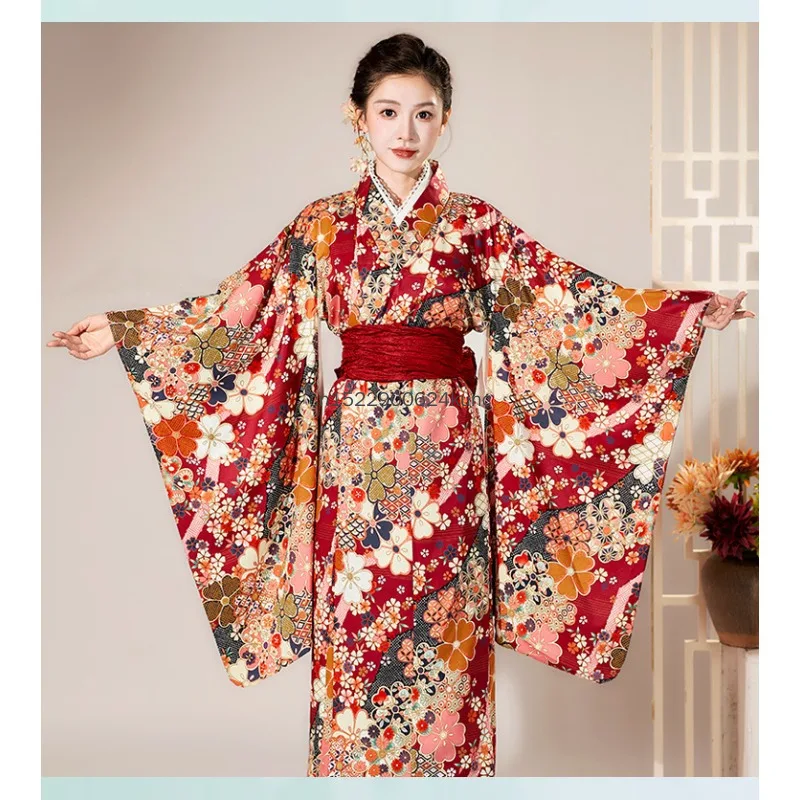 

Japanese Traditional Red Sakura Printed Yukata With Obi Geisha Performance Clothing New Fashion Improved Kimono Dress for Women