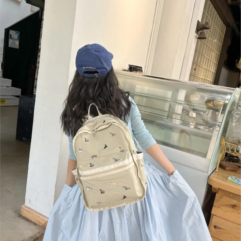 달콤한 귀여운 수 놓은 고양이 배낭 여성 카키 대용량 경량 데이 팟 여성용 일상 통근 다목적 Mochilas Mujer