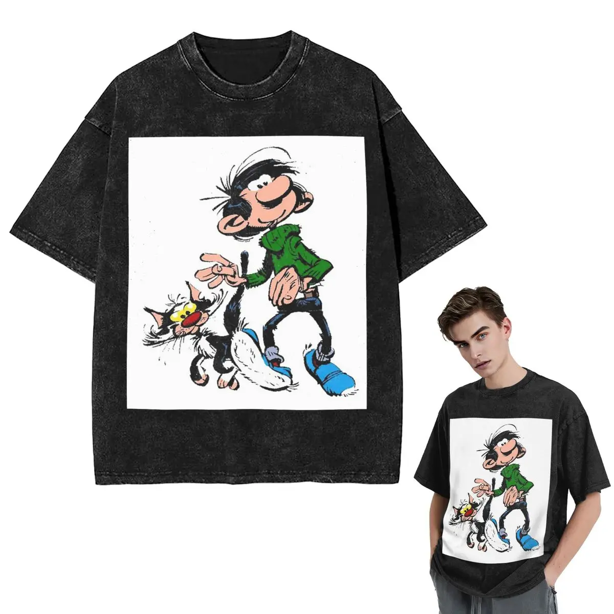 Gaston Lagaffe (5) Washed T Shirts Oversized Short Sleeve Hip Hop T-Shirt Streetwear Tops Tees for Men Women