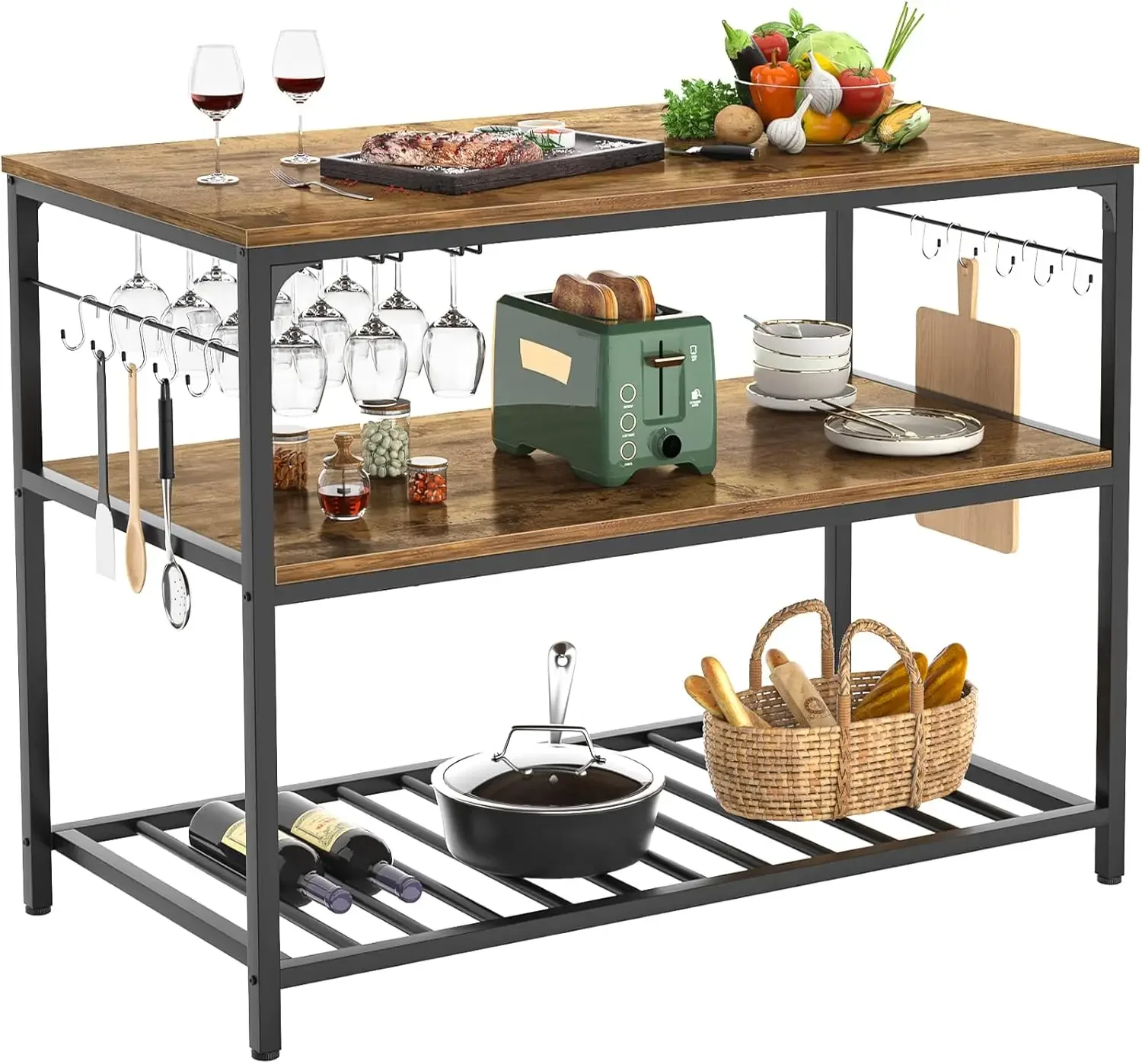 Kitchen Island with Wine Glass Holder, Industrial Wood and Metal Coffee Bar Rack, 3 Tier Spacious Prep Table Extended C