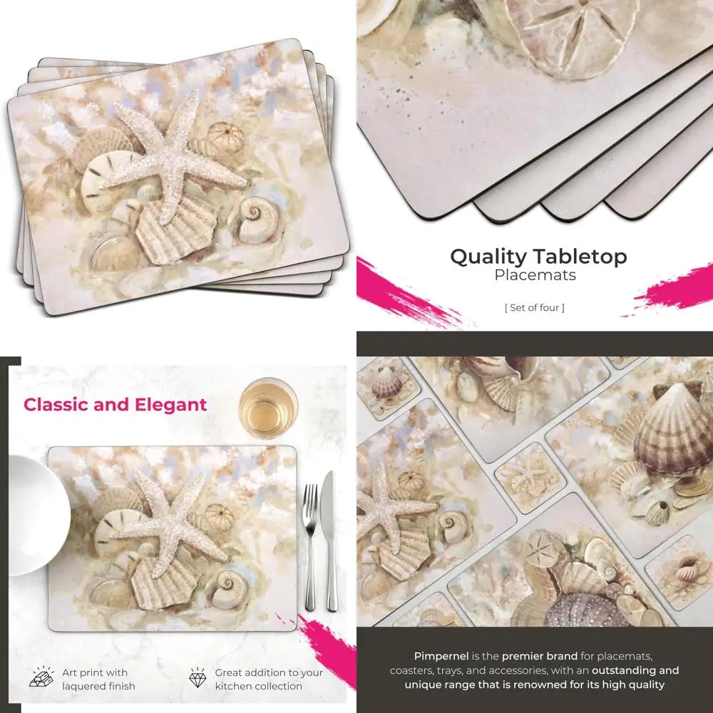 

Beach Prize Placemats, Set of 4 - Cork-Backed Table Mats with Coastal Seashell Artwork for Dining Table Protection & Nautical K