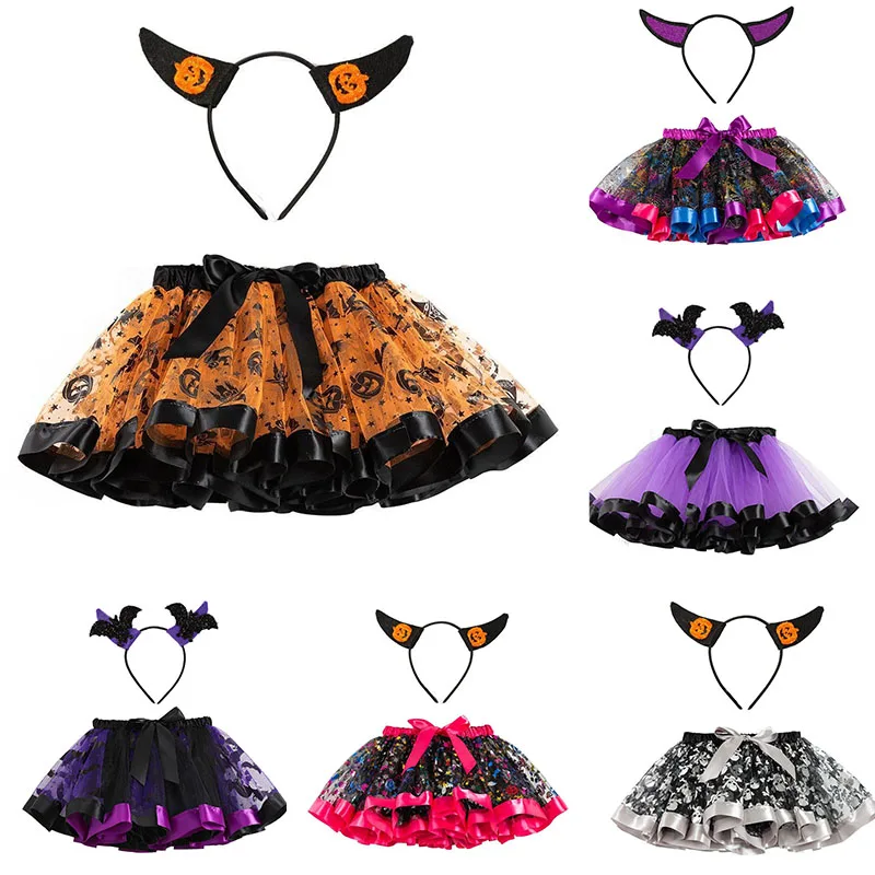 Girls Halloween Cosplay Costume Tulle Skirt Headband Fashion Mesh Princess Skirt Kids Performance Skirt Party Clothing Girl Gift