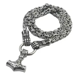 Nordic Stainless Steel Thor's Hammer Pendant Necklace Titanium Steel Glove King Chain Viking Men Rune Jewelry