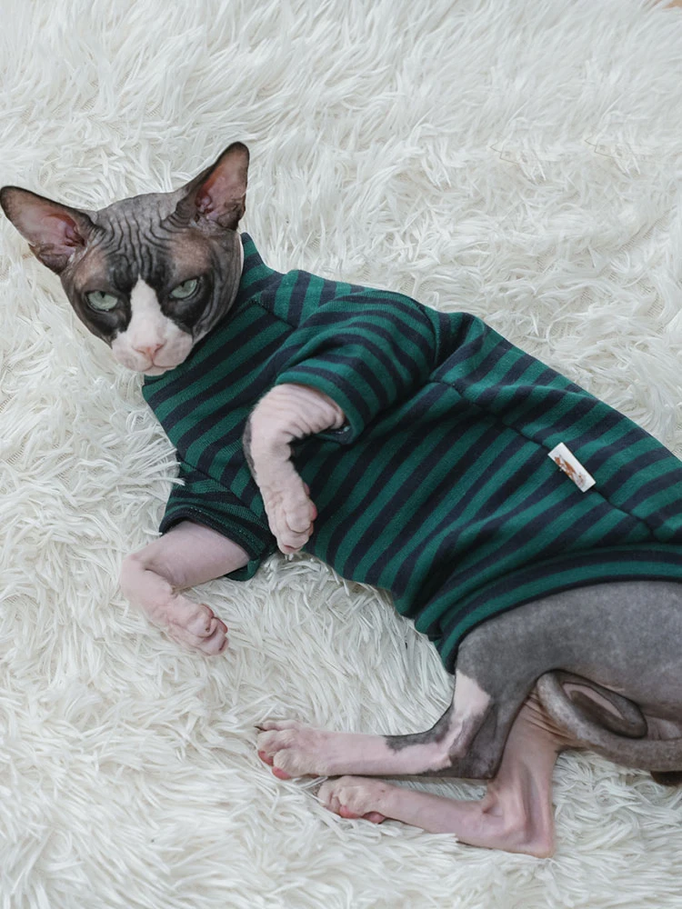 Striped Cotton Sleeveless Shirt for Sphynx Cat Summer Soft Elestic Coat for Kittens Dark Green Loungewear for Devon Rex Winter