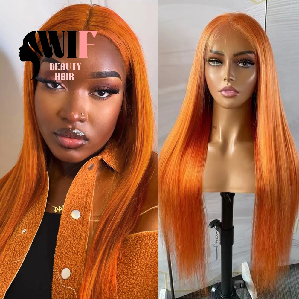 

WIF Orange Hair Synthetic Wig Middle Part Long Straight Bright Orange Color Lace Front Wigs Heat Resistant Makeup Cosplay Hair