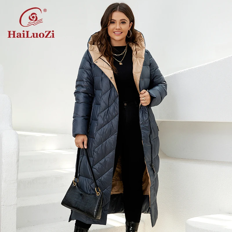 Hailuozi 2022 Nieuwe Winter Vrouwen Jassen Plus Size Mid-Lengte Dikke Kap Warm Rits Riem Klassieke Toevallige Vrouwen jas Parka 6037