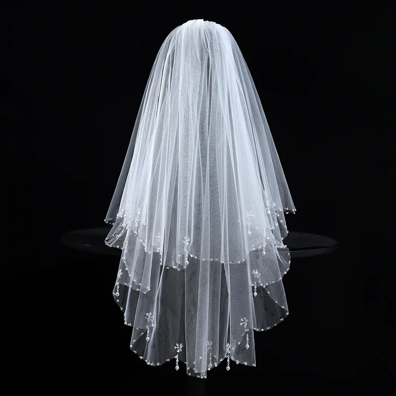 Mori Style Bridal Veil with Medium Long Pearl Lace, Elegant Wedding Headgear