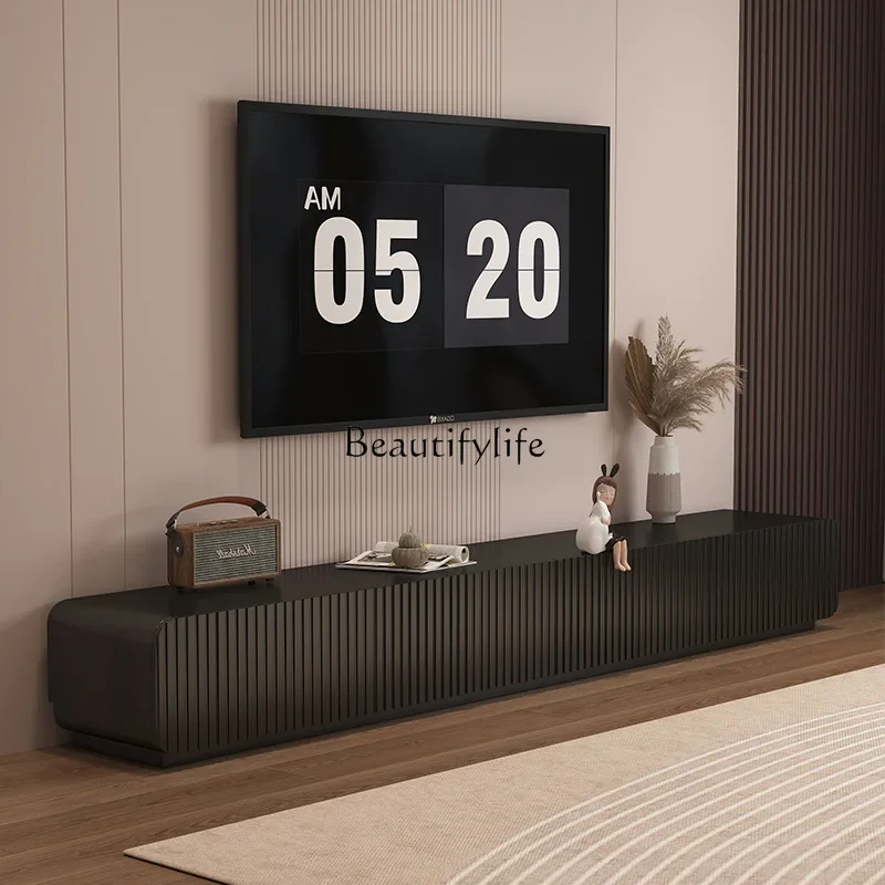 

FG26Solid wood grille TV cabinet, simple and modern light luxury high-end black wall-to-wall TV cabinet