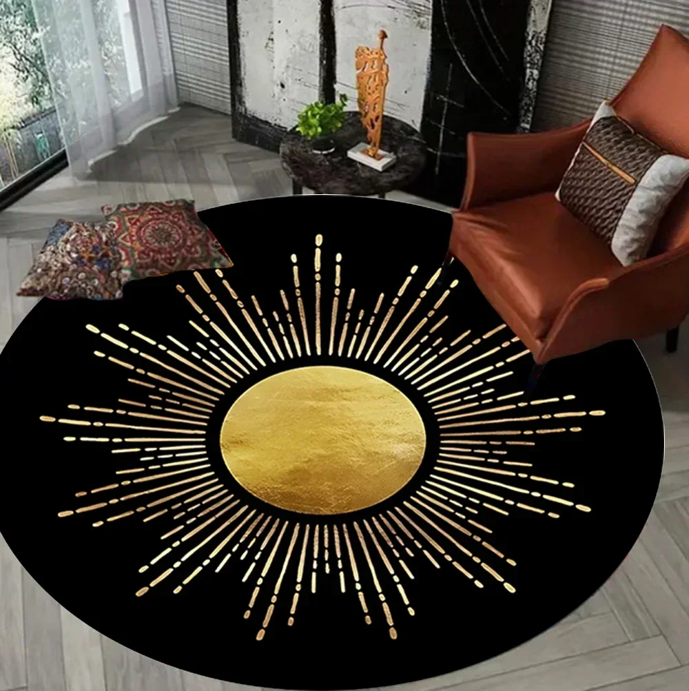 Round Rug  Circle Area Rug Chic Golden Luxurious Retro Vintage Engraving Style The Sun and Moon Carpet Round Rugs for Bedroom