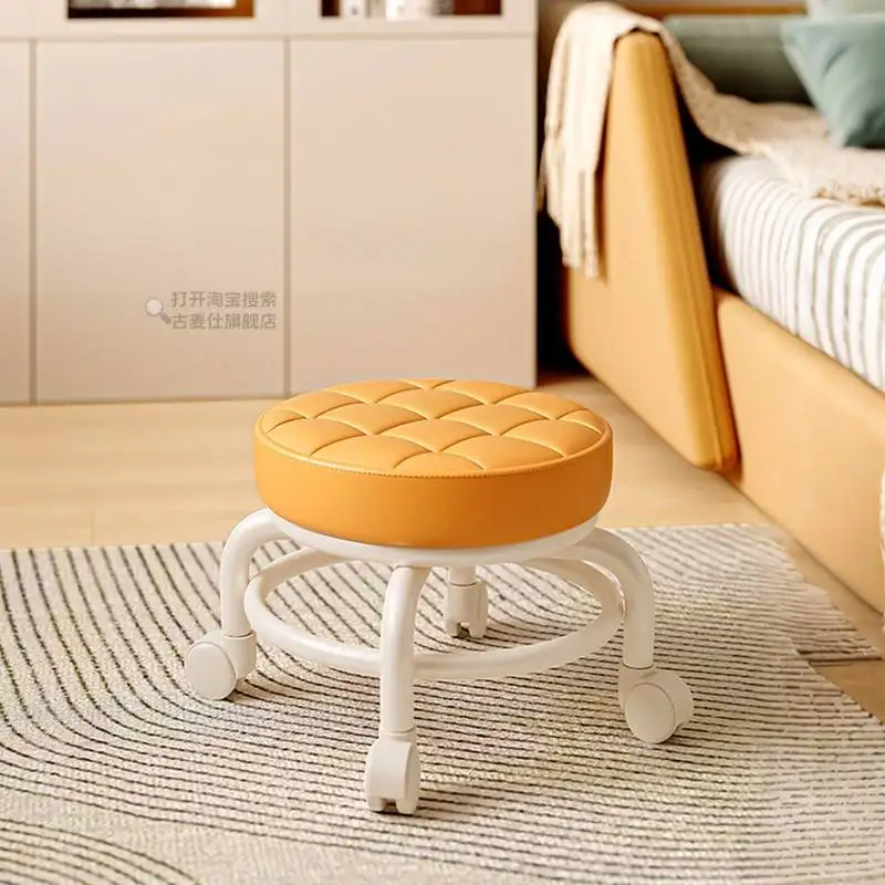 Rolling Ottoman Stool with Wheels, Small Movable Footstool for Living Room, Silent Casters, Double Support Frame, Soft  Seat