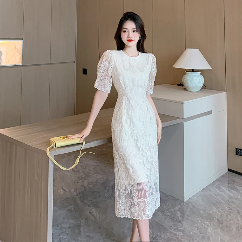 French Lace Midi Dresses for Women 2023 Summer New Elegant Party Female Clothes Sweet Vintage Short Sleeves Korean Evening Dress