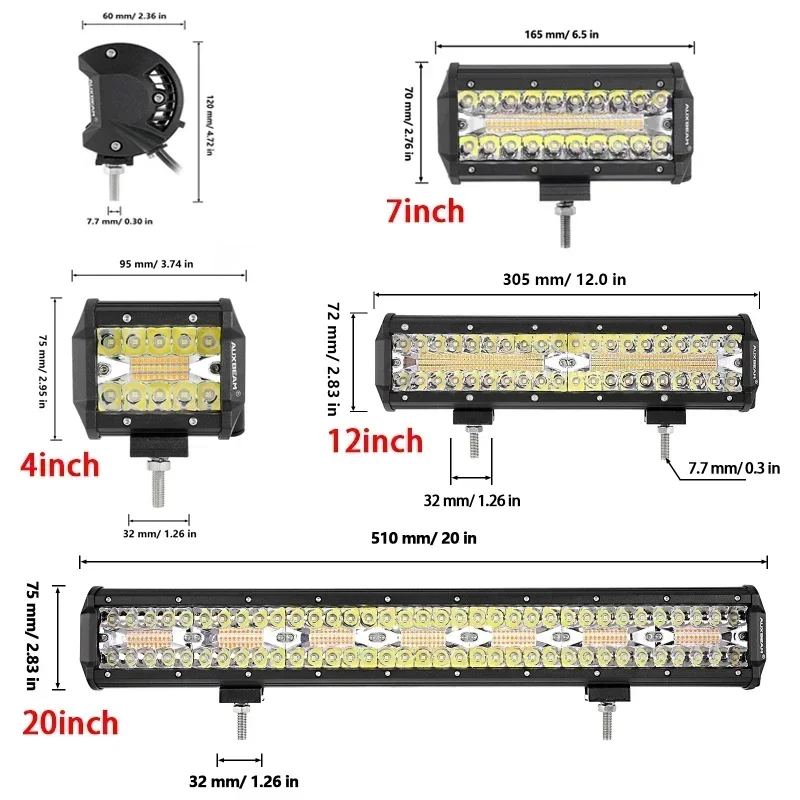 Auxbeam 3/4/7/12/20 Inch White&Amber LED Light Bar 6 Modes Spot Beam LED Work Light for Truck Pickup Offroad