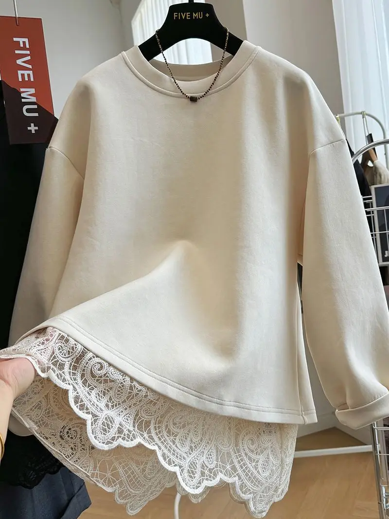 New Style Lace Splicing Fake Two-piece Pullover O Neck Sweatshirt For Women Spring Autumn Loose Top Fashion Casual Solid Hoodie