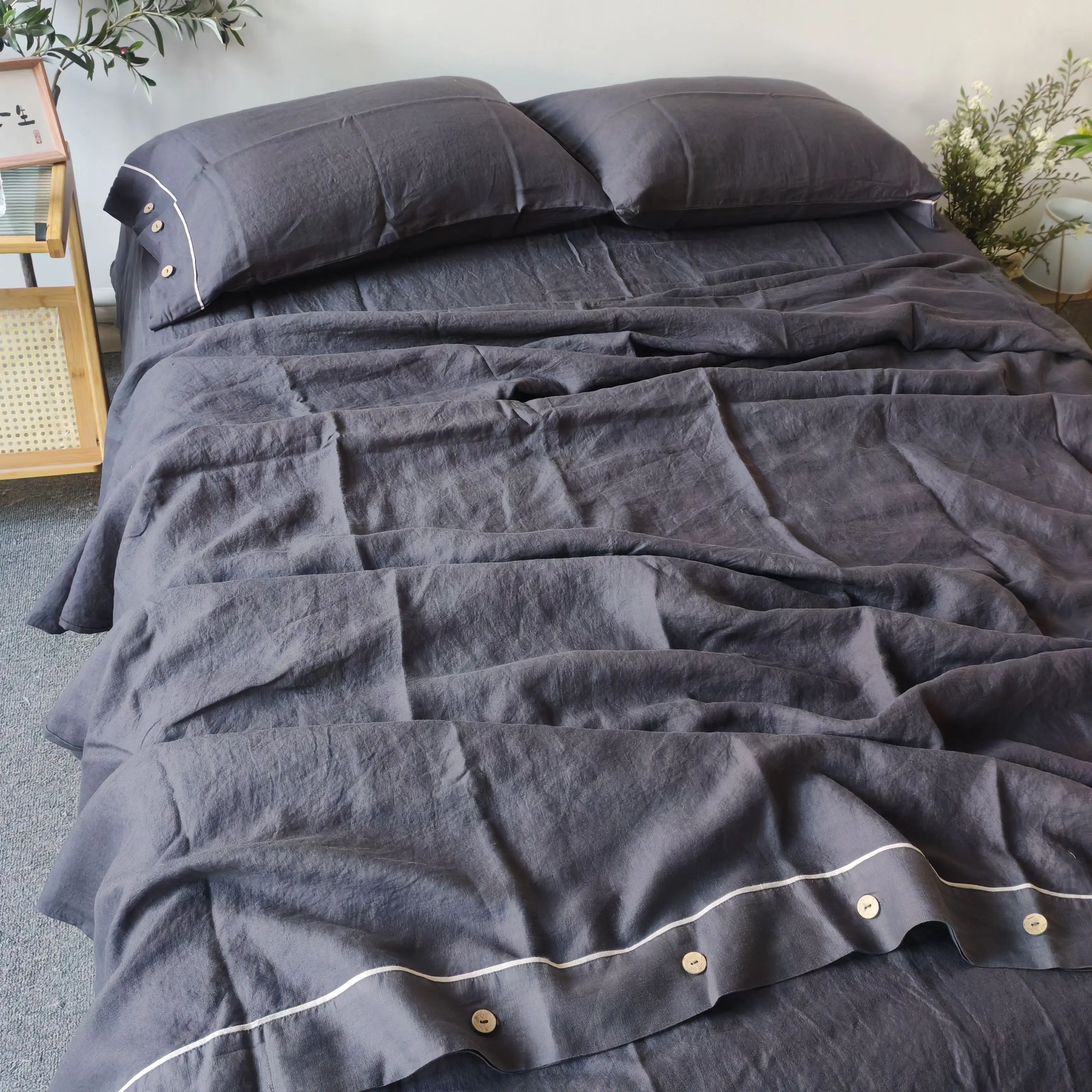 Bed Linen Bedding Set 100% Linen Duvet Cover Set Solid Color Dark Grey Bed Quilt Cover Comforter Cover Fitted Sheet Pillowcases