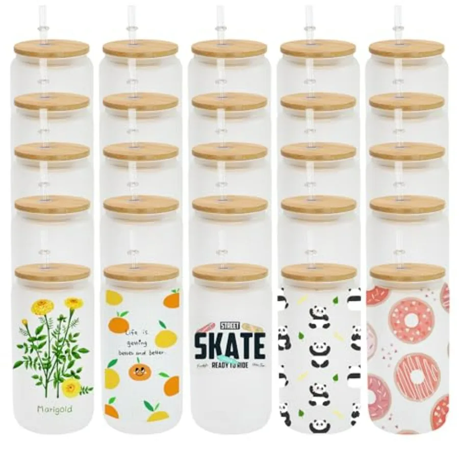 

16 oz Sublimation Glass with Bamboo Lid and Straws 25 Pack for Everyday Use: Ideal for Cold Drinks Iced Coffee Tea Soda Beer an