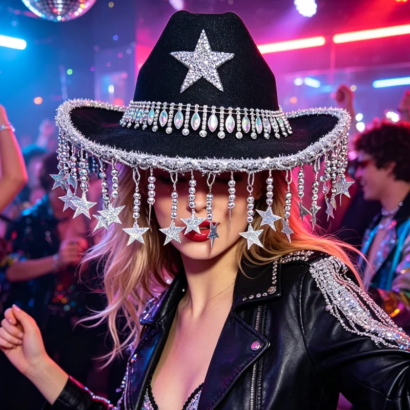 Cowboy Hat with Star Decor, Fringe & Rhinestones, Vintage Western Cap for Women, Party Stage Prop Winter