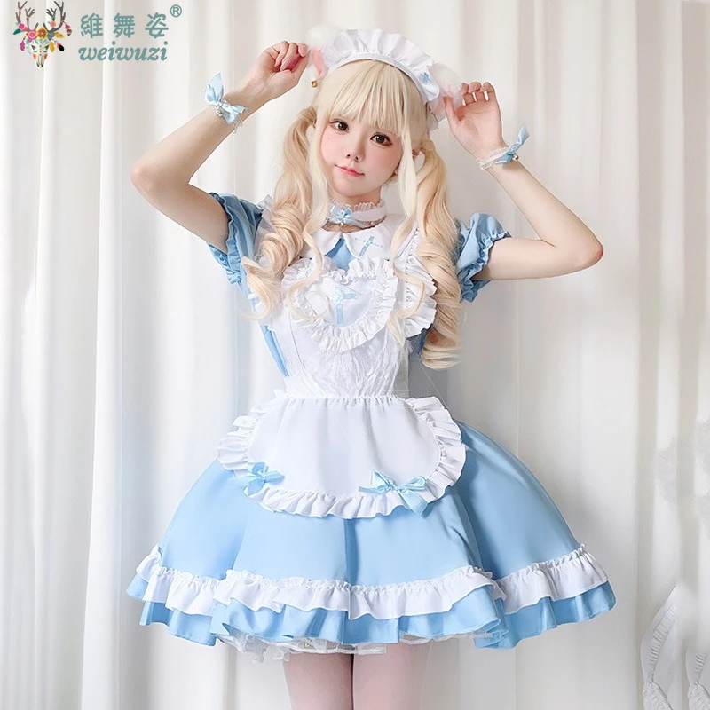 

New Japanese Sweet Cute Lolita Dress Maid Cosplay Costume Princess Short Sleeve Bow Dress Coffee Shop Waitress Stage Perfermance