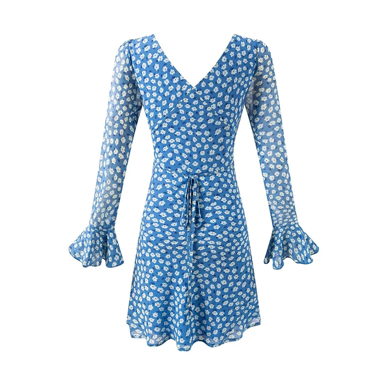 YENKYE Nuove donne stampa floreale manica lunga mini abito sexy backless scollo a V abiti da vacanza a-line Chic Lady Robe