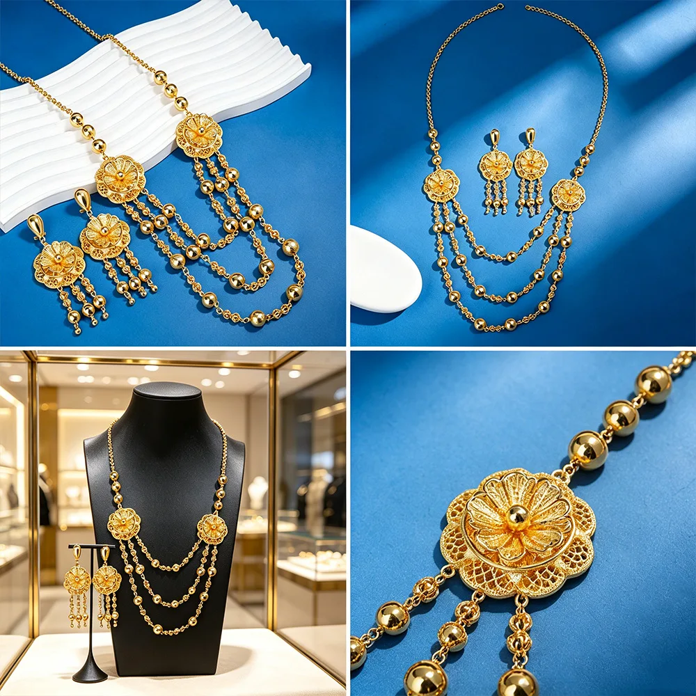 Sturdy Anti-Deformation Flower Jewelry Set For Women 24K Gold AU999 reinforced structure resists daily abrasion and pulling