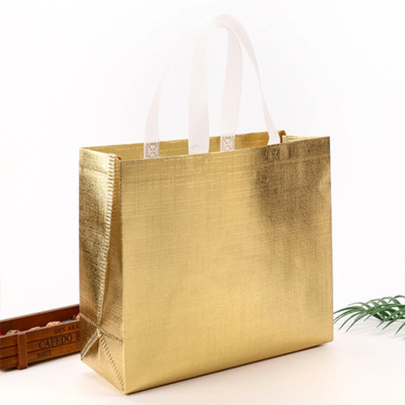 10Pcs Laser Non-Woven Lamination Shopping Aluminized Tote Bags Customized Glossy Reusable Shopping Bags