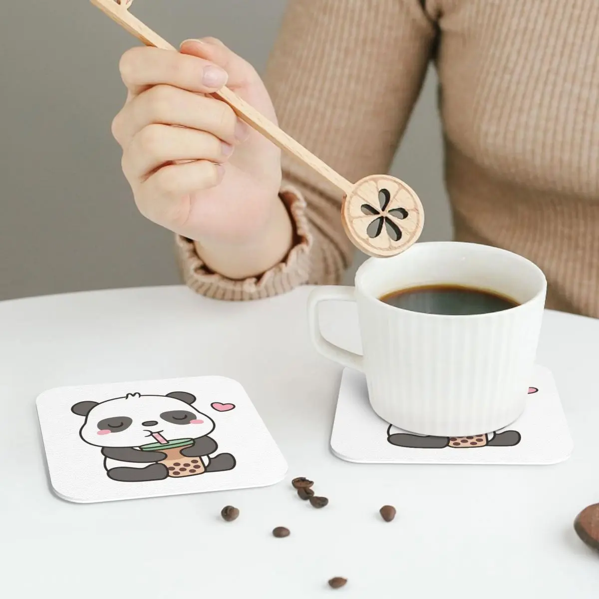 Cute Little Panda Enjoying Boba T Coasters PVC Leather Placemats Waterproof Coffee Mats for Home Kitchen Dining Pads Set of 6