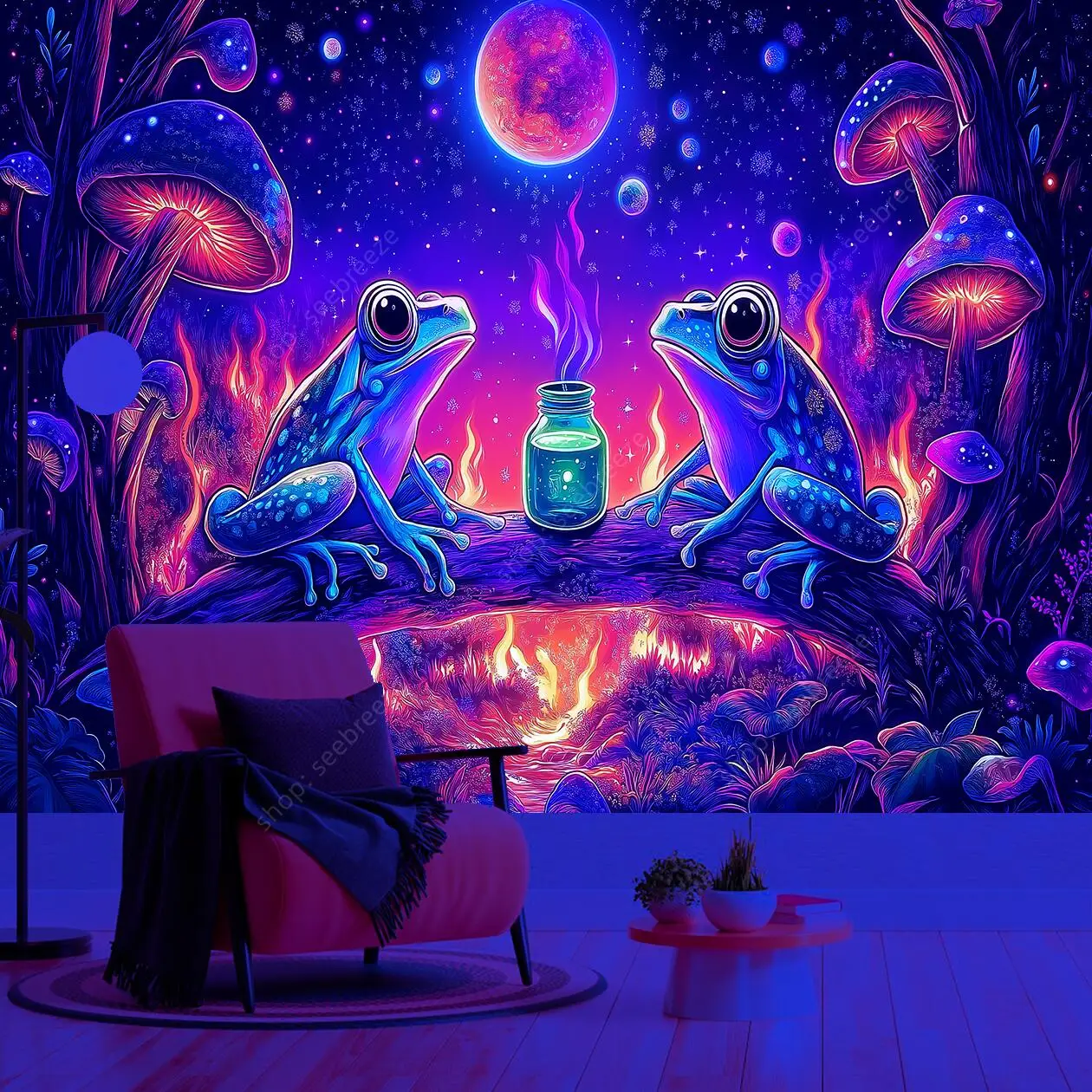 ماجيك فورست الضفدع جمع الأشعة فوق البنفسجية نسيج مسحور متوهجة الفطر ليلة مليئة بالنجوم الجدار الشنق البوهيمي ديكور المنزل التأمل الفن