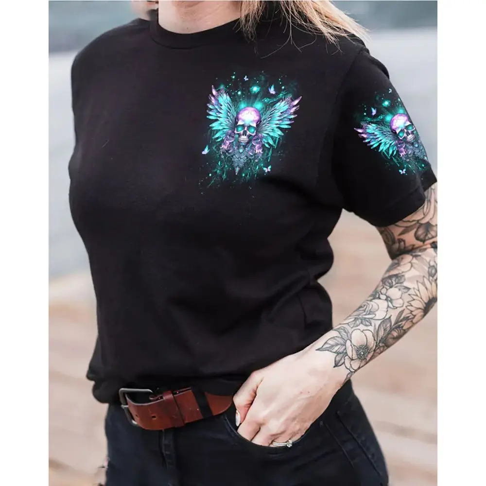 Skulls T-Shirts For Women 3d Printed Design Short Sleeve Tops T Shirt Fashion Vintage Skull Streetwear Oversized Women Clothing