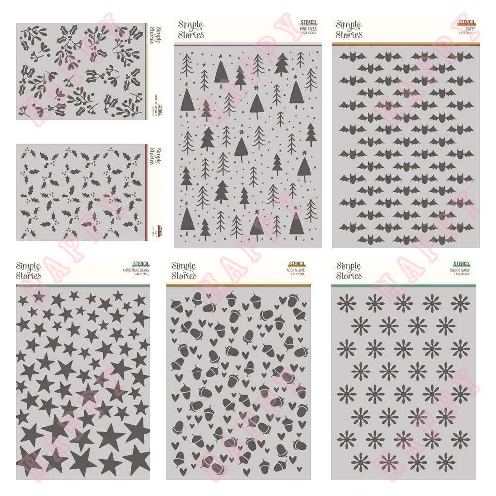 Christmas Stars Plastic Stencils Pine Trees Holly Batty Decoration Embossing DIY Paper Craft Scrapbooking Painting Phone Album