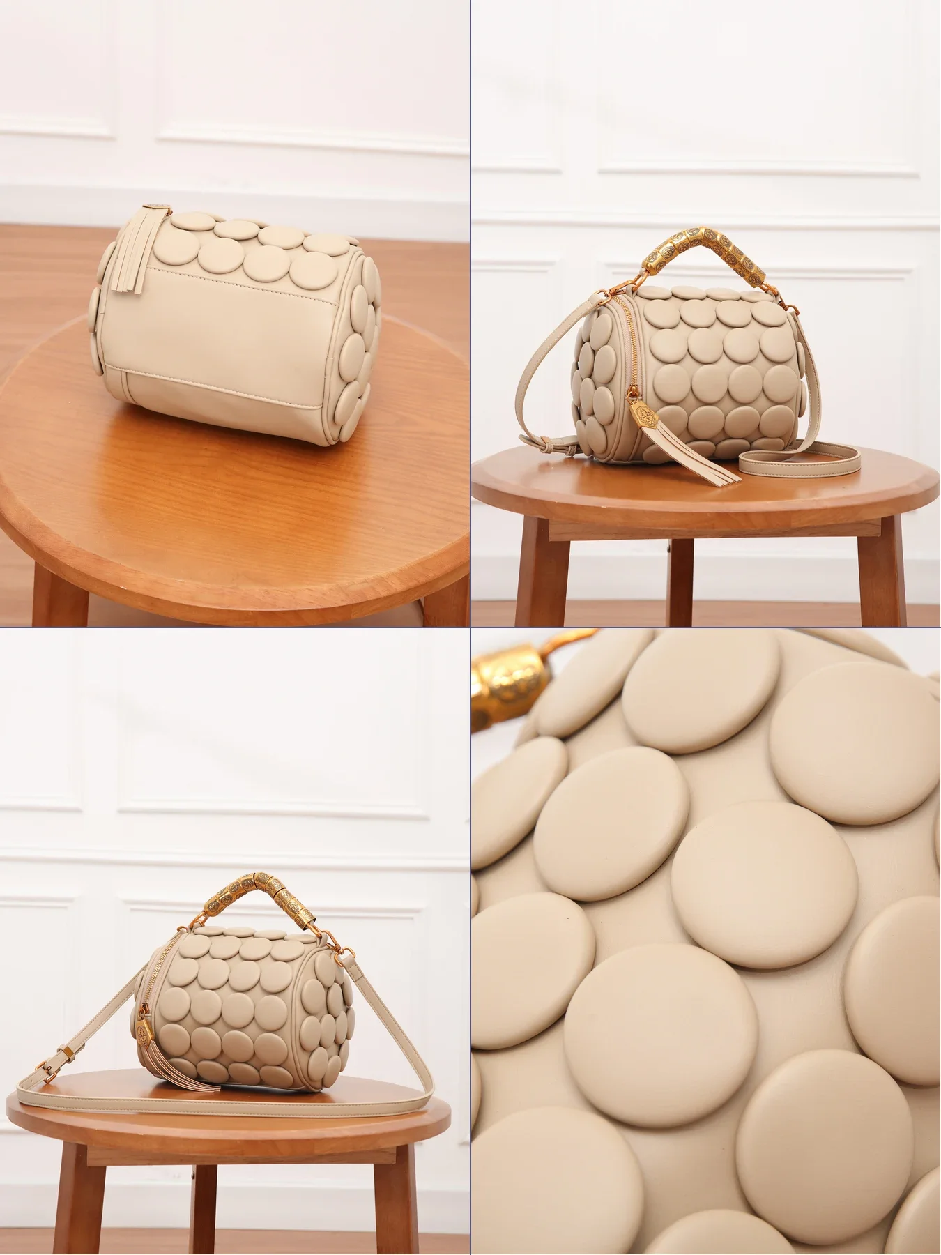 Autumn and winter new creative polka dot button design women's handbag large capacity cylinder bag