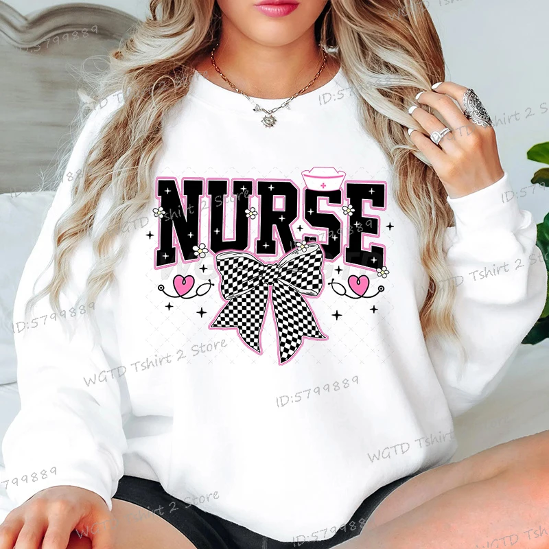 

Nurse Print Pullover Women Funny Grid Bowknot Graphics Sudaderas Long Sleeve Crew Neck Hoodies Nurse Life Hoodless Sweatshirts
